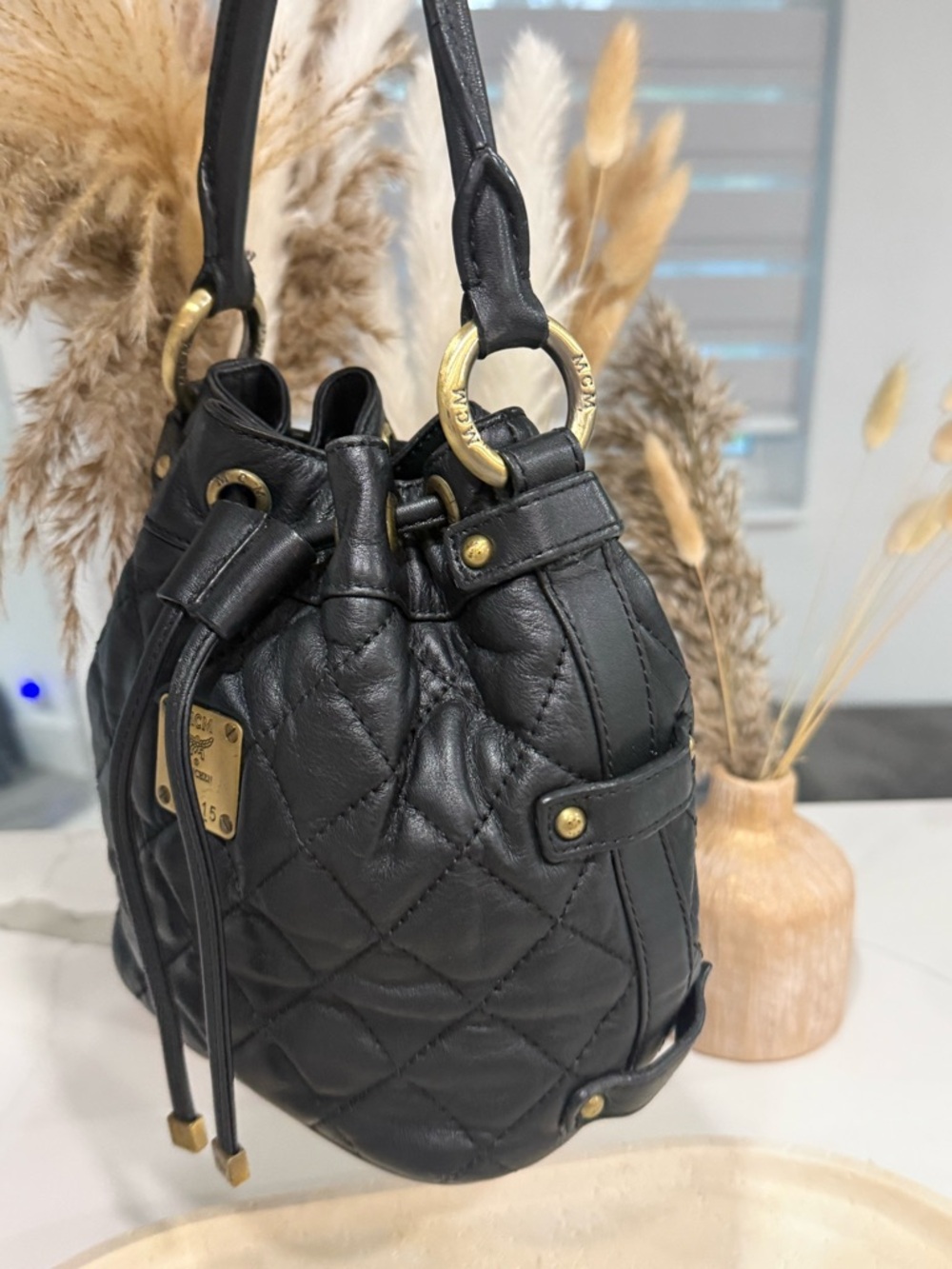 MCM Vintage black Quilted Leather Drawstring Bucket Bag - Authentic w/ COA - Picture 12 of 16
